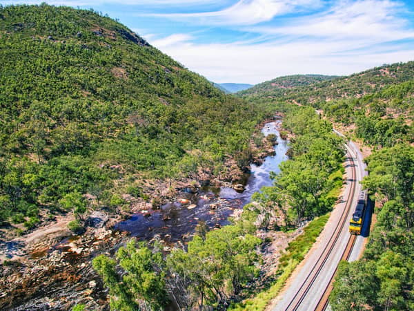 The Indian Pacific following the river through the Avon Valley, Western Australia