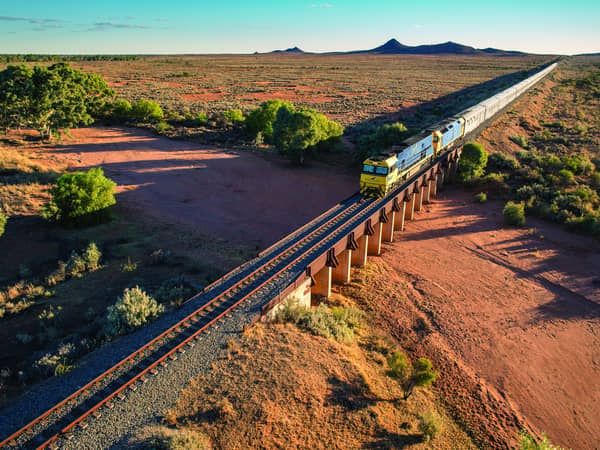 The Indian Pacific crossing a bridge in the outback near Broken Hill