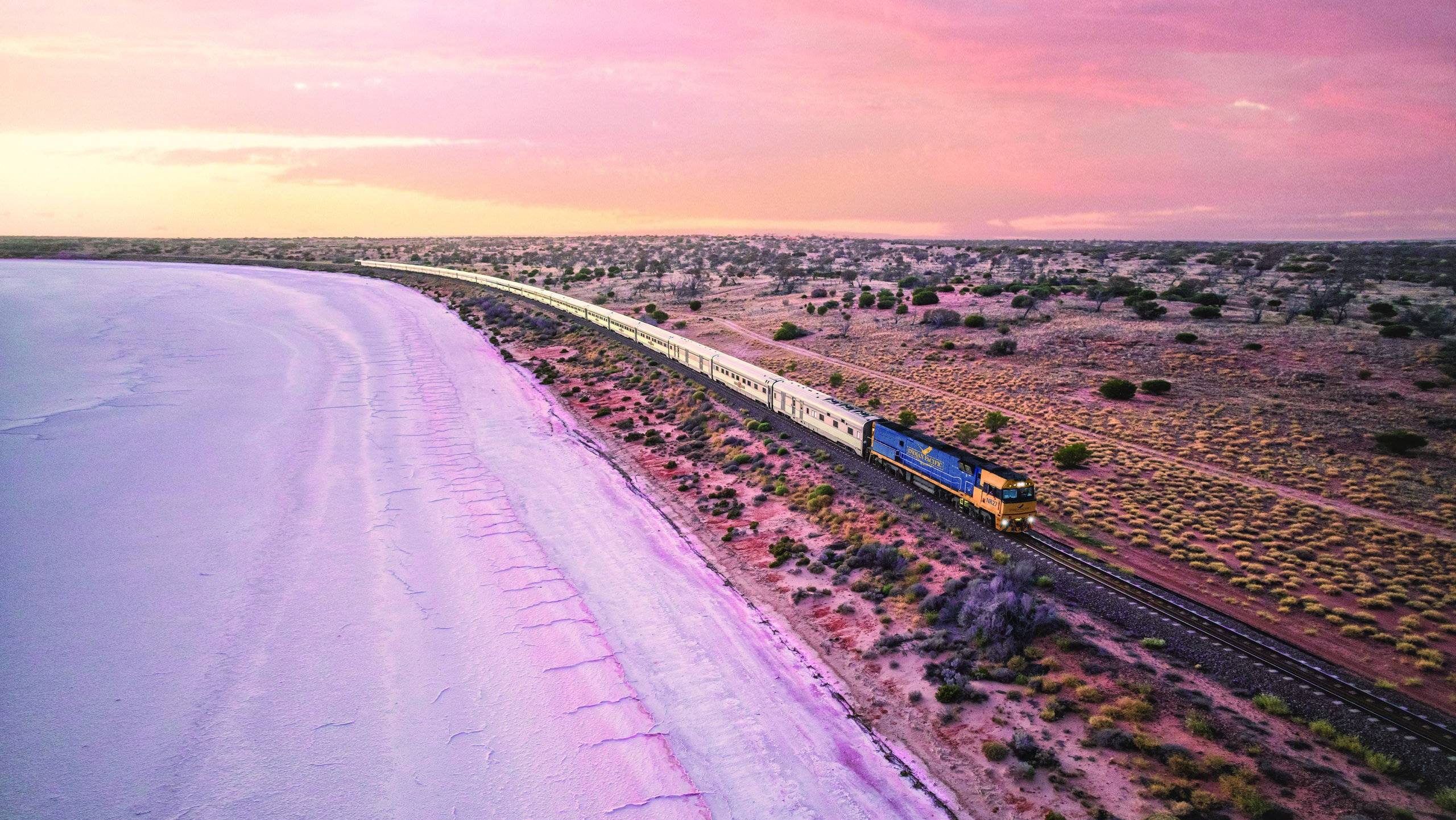 The Indian Pacific running beside the pink salt flats of Lake Hart, South Australia