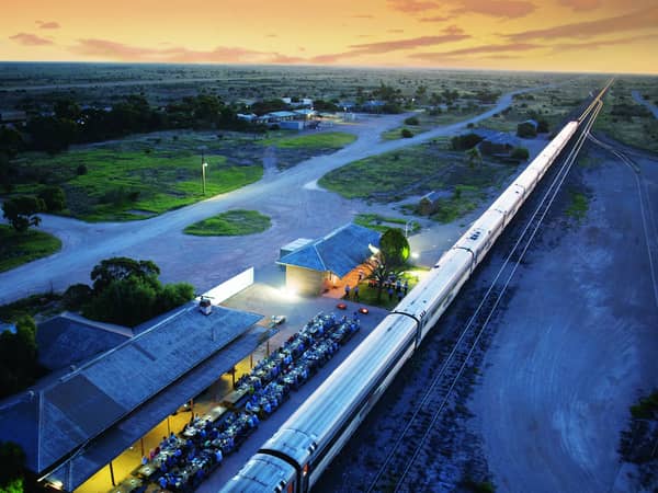 Aerial view of the Indian Pacific at Rawlinna station at dusk