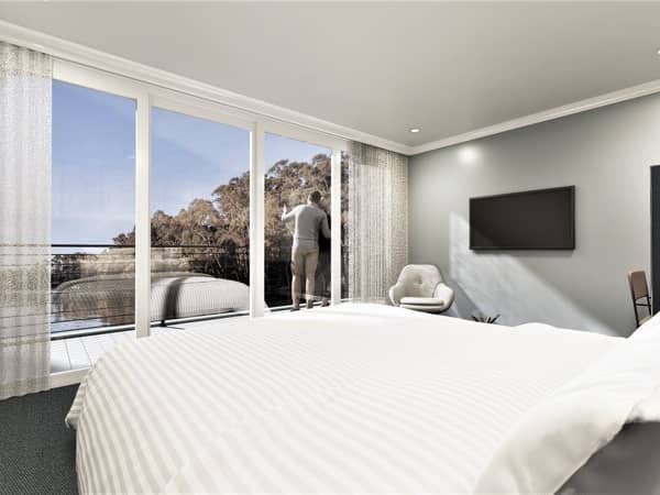 Artist’s impression of a King Suite aboard the PS Australian Star, with river views