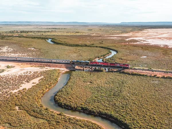 Aerial view of the Ghan crossing winding creeks near the Flinders Ranges